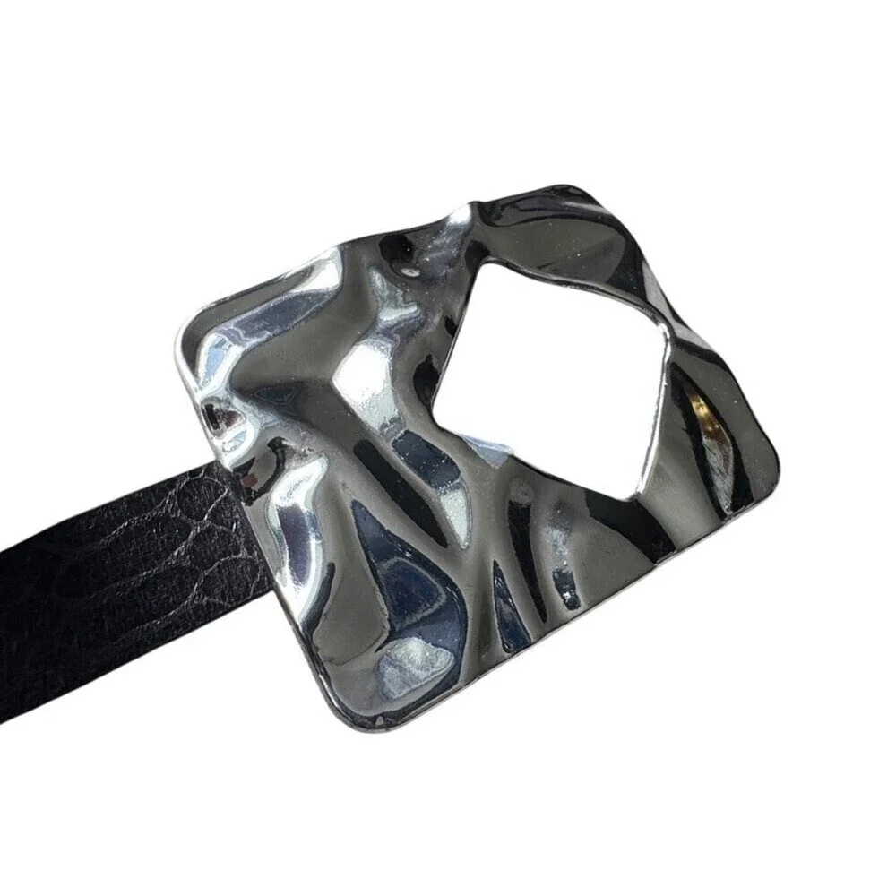Chico’s Brutalist Silver Hammered Buckle Leather Belt medium large Vintage y2k